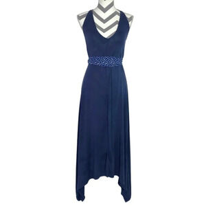 Lucky Brand Deep V Neck Long Dress Sash Tie Waist Blue Sleeveless Size XS